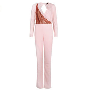 Patrizia Pepe Women's Sequins V-Neck Ruffle Trim Long Sleeve Pink Jumpsuit 44